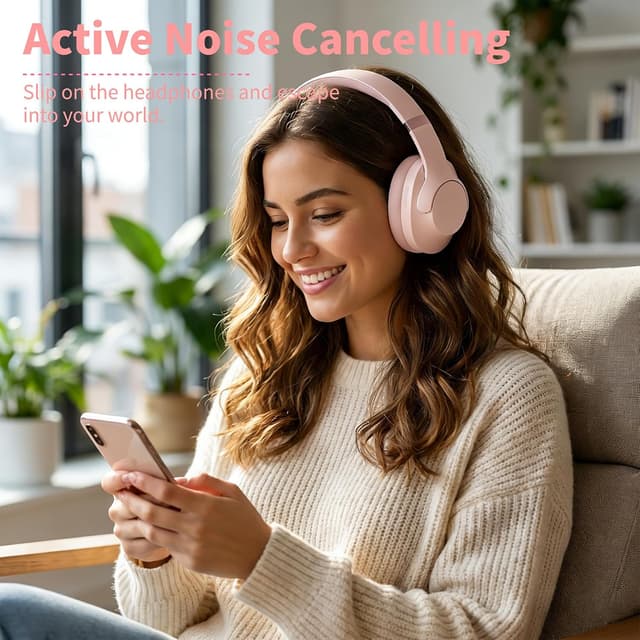 Detalle 2 de Rebocico Active Noise Cancelling Bluetooth Headphones with Mic (100H playtime) – Pink, foldable over-ear