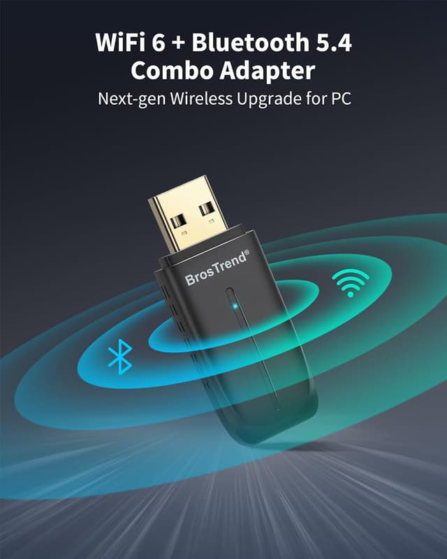Detalle de BrosTrend 2-in-1 USB WiFi 6 + Bluetooth 5.4 Adapter (AX900) for PC — dual-band Wi‑Fi and multi-device Bluetooth