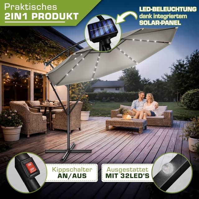 Thumbnail 5 de tillvex Alu Ampelschirm mit LED Solar Abdeckung, Kurbel und UV-Schutz Ø 300 cm