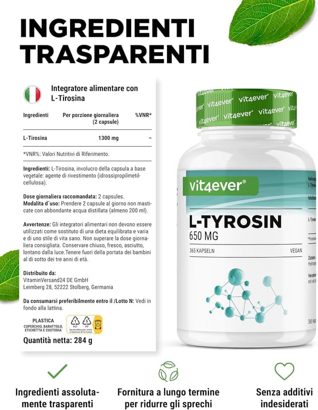 Detalle de L-Tirosina 365 capsule vegane dose extra elevata (1.300 mg per dose giornaliera)