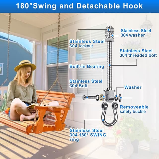 Detalle de BeneLabel 4er Schaukelhaken Lager (175 mm) aus 304 Edelstahl, drehbar, für Hängematten, Hängesessel & schwere Anwendungen