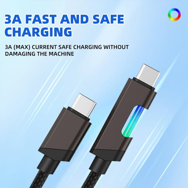 Detalle de USB Type-C Fast Charge Lead 60W with RGB Light, 1.2m Nylon Braided (2 Pack)