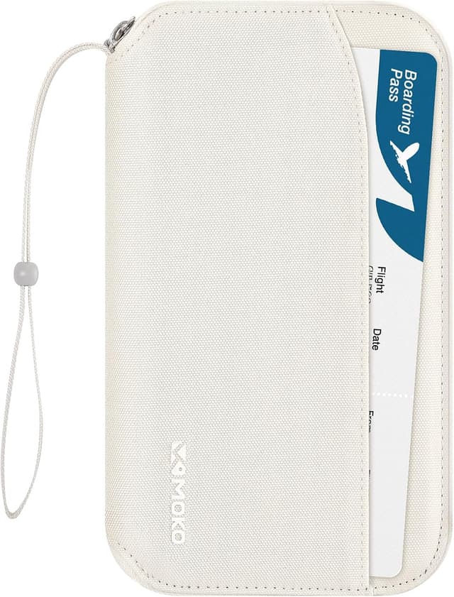 Imagen de MoKo Family Passport Holder Travel Wallet (for 4/5 passports) with RFID blocking, wrist strap and storage for tickets, cards & cash – Beige en OfertitasTOP