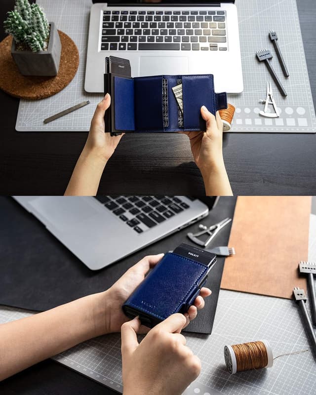 Detalle 2 de VULKIT Double Credit Card Holder RFID Blocking Pop Up Metal Card Holder Leather Wallet with Magnetic Closure