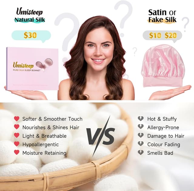 Detalle de Umisleep 22 Momme Mulberry Silk Bonnet (Double Layer) – Non-Slip Sleep Cap Turban with Elastic Tie