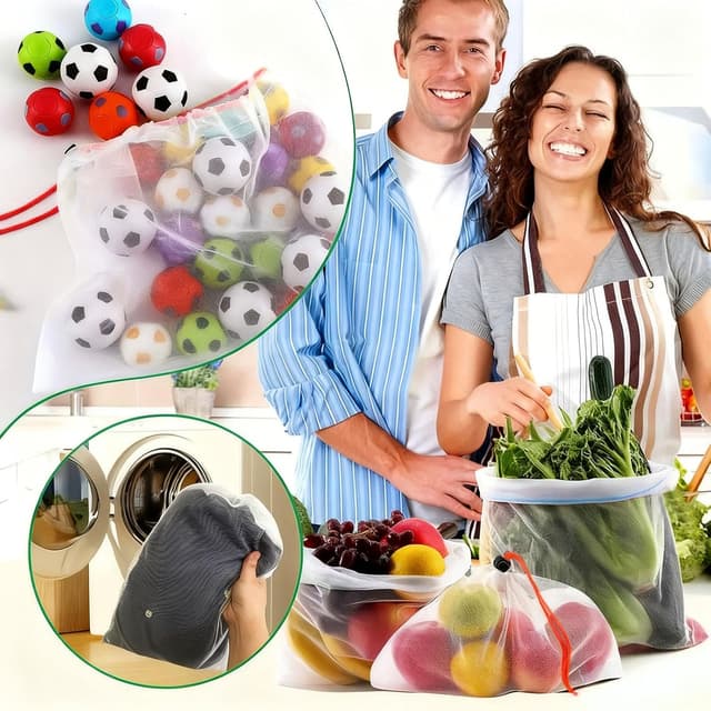 Thumbnail 6 de DAMIHAI 15er Set Obst- und Gemüse-Netztaschen mit Kordelzug (3 Größen) – wiederverwendbare Netzbeutel