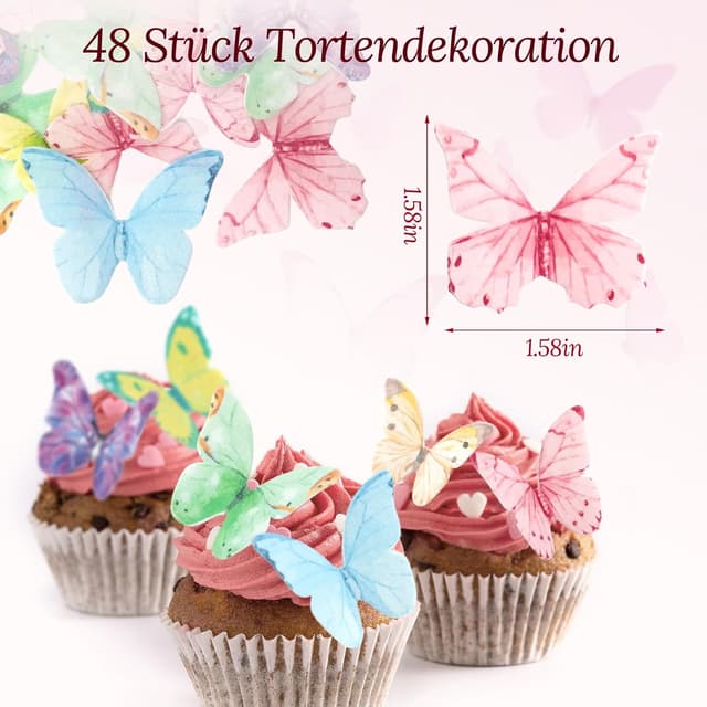 Detalle 2 de 40 Stück essbare Schmetterling-Tortendeko (Esspapier) Regenbogen – Schmetterling Cupcake Toppers für Hochzeit & Geburtstag