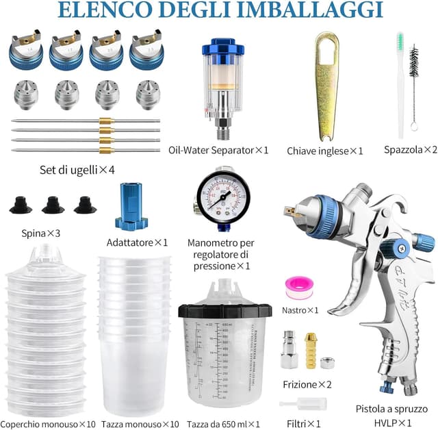 Thumbnail 6 de BENTOHKLE Pistola a spruzzo HVLP con 10 tazze usa e getta da 650 ml e 4 ugelli (1,4 / 1,7 / 2,0 / 2,5 mm)
