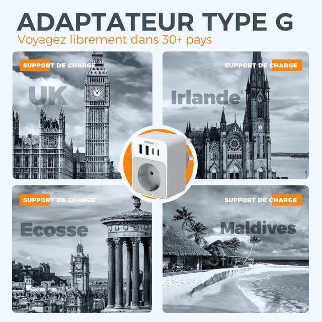 Detalle de TESSAN Adaptateur prise anglaise 5 en 1 type G avec 2 USB-C et 2 USB-A (3250W) pour Royaume-Uni, Irlande, Dubaï