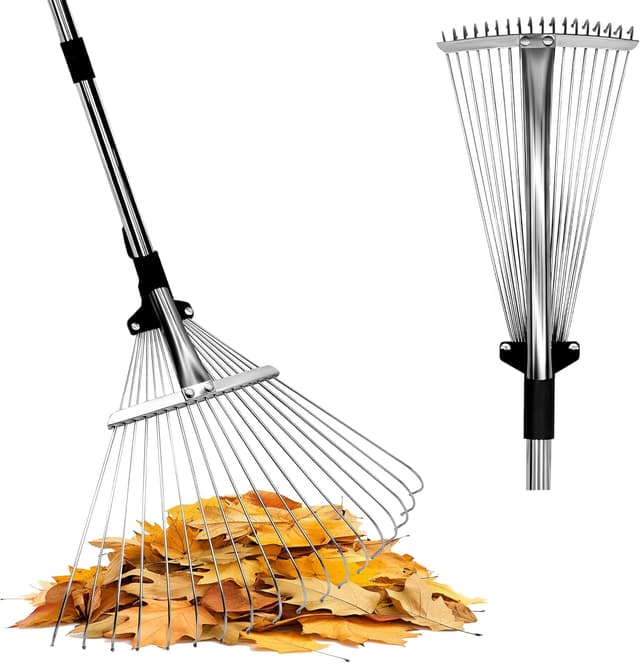 Detalle de Adjustable Leaf Rake (85–175cm) with 18-Tine Expandable Head for Lawns & Tight Spaces
