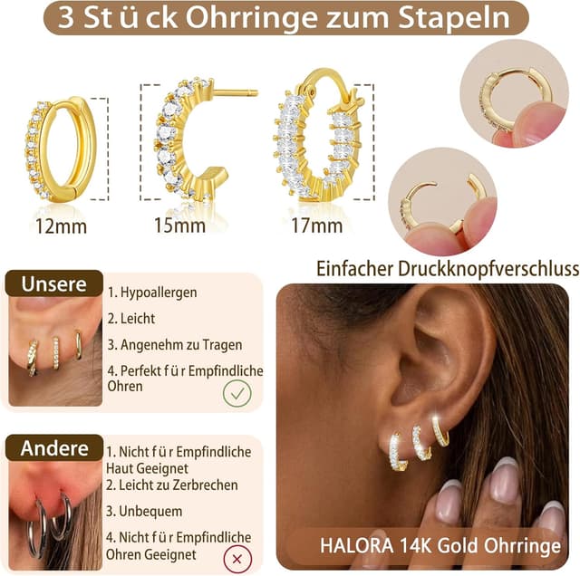 Detalle de Halora 3 Paar Creolen Set aus Silber 925 mit hypoallergenen Eigenschaften (Damen)