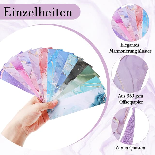 Detalle 2 de 24er Lesezeichen-Set mit Marmorierung & Quasten (beschriftbar), 15 x 4 cm – 12 Farben