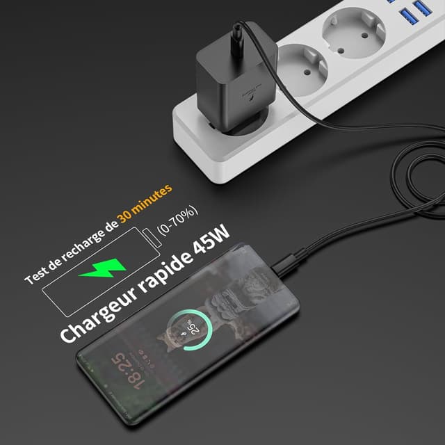 Detalle 2 de Chargeur USB-C 45 W BOLUX-JS avec Super Fast Charge 2.0 et câble USB-C 2 m (noir) pour Samsung Galaxy
