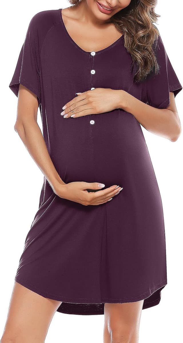Detalle de Uniexcosm Stillnachthemd Damen Kurzarm aus Baumwolle – Umstandskleid für Schwangerschaft & Stillzeit mit Knopfleiste