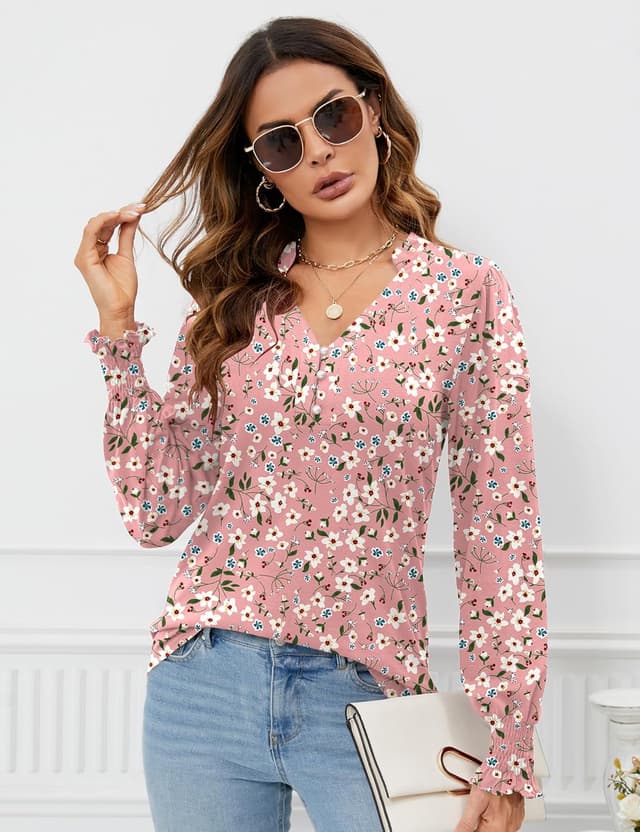 Detalle 2 de Rapbin Women’s V-Neck Puff Long Sleeve Top with Pearl Buttons & Pleated Cuffs