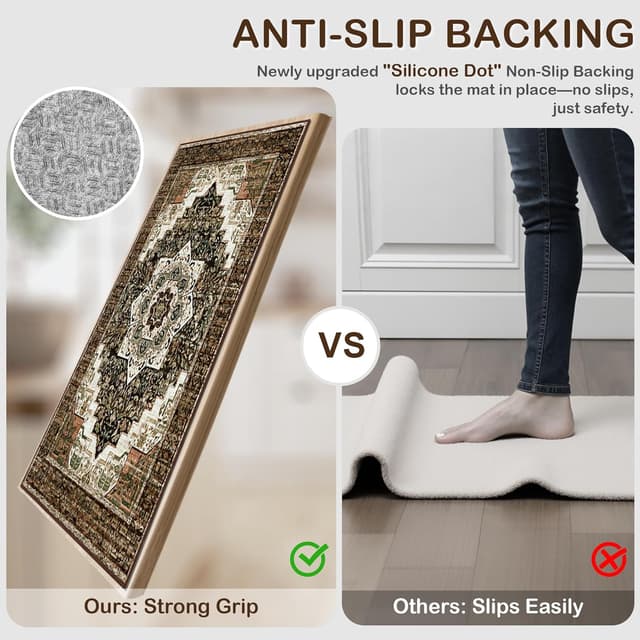 Detalle de Tritard 3-Piece Non Slip Boho Kitchen Rug Set (Brown) – Washable Kitchen Mats for Runner, Hallway, and Laundry Room