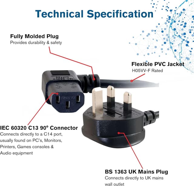 Detalle de C2G Câble d’alimentation 18 AWG, 0,5 m