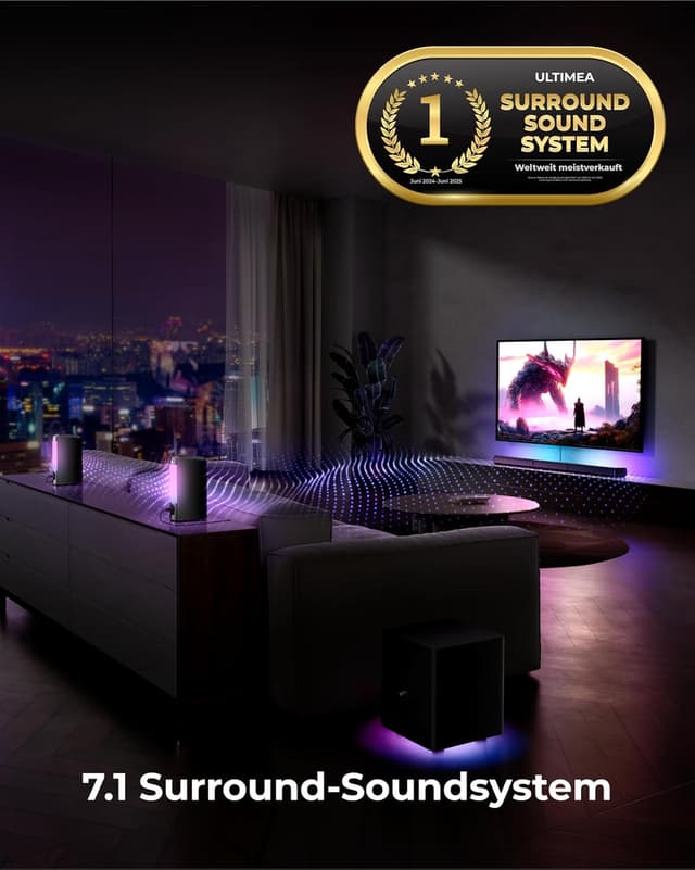 Detalle de ULTIMEA Apollo S70 Ultra 7.1 Virtual Surround Soundbar mit 6,5-Zoll Subwoofer, App & HDMI/Opt/AUX/Bluetooth