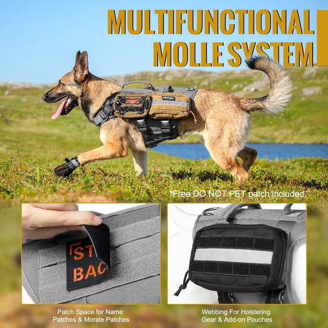 Detalle de OneTigris tactical dog harness with 5X metal buckles, Molle vest & front no-pull clip (M, grey)