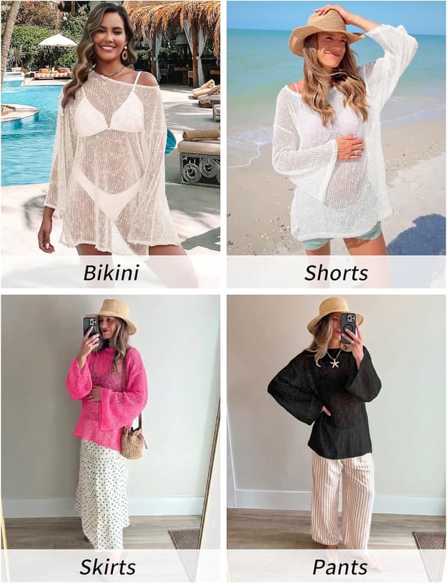 Detalle de Gleeneat Crochet Swimsuit Cover-Up for Women (Boat Neck, Sheer Crochet Caftan Dress)