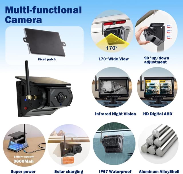 Detalle 2 de Solar Wireless Reversing Camera Kit with 7” 1080P Screen, Night Vision & DVR Recording (IP68)