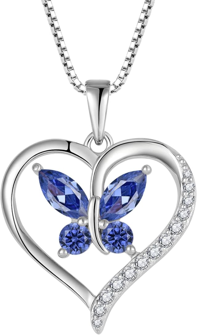 Detalle de FJ Herz Schmetterling Kette aus 925 Sterlingsilber mit Geburtsstein & Anhänger (Damen)
