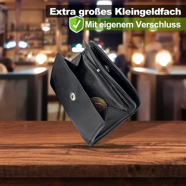 Detalle 2 de FLEXIBILITE® kleines Portemonnaie Damen aus echtem Leder mit RFID-Schutz – Mini-Geldbörse 9 x 7 x 2 cm, Schwarz