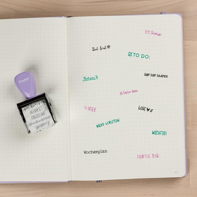 Detalle 2 de Trodat Creative : lot de mini tampons Bullet Journal violet pastel avec encreur 3 couleurs