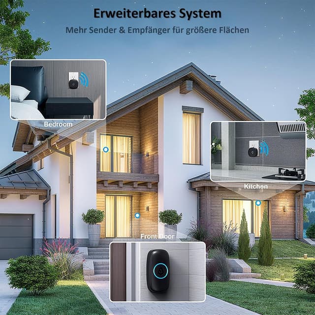 Detalle de SECRUI Funkklingel für Haustür mit 2 Empfängern & 1 Sender, 58 Melodien, 5 Lautstärken, LED, IP55