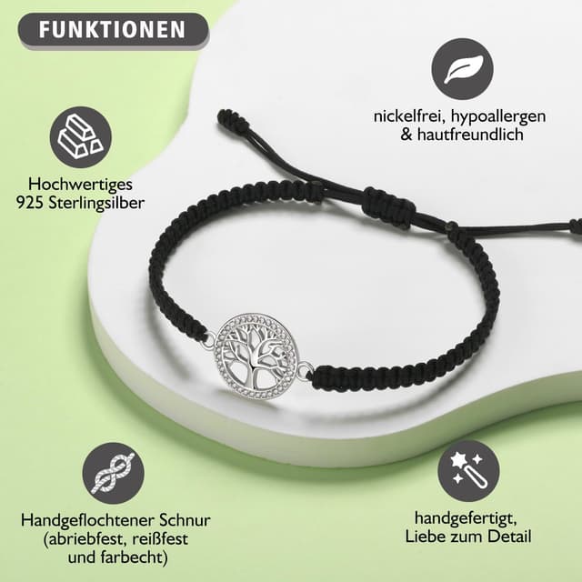 Detalle de J.Endéar Damen-Armband aus Silber 925 mit handgeflochtener Glücksschnur „Baum des Lebens“