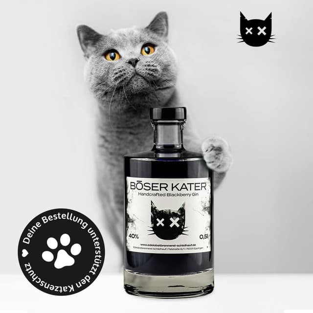 Detalle 2 de BÖSER KATER Black Gin Geschenkset mit 2 Gläsern – Blackberry Gin in hochwertiger Box (0,5 l, 40% Vol.)
