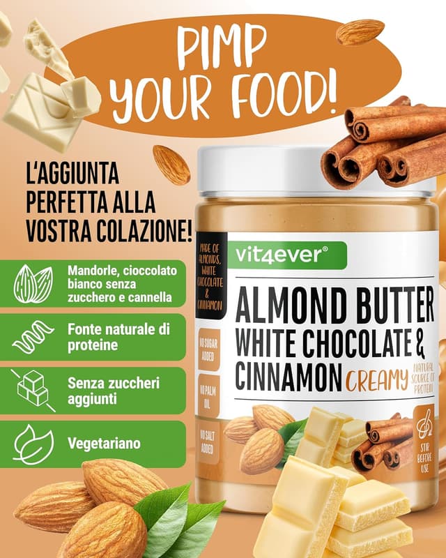 Detalle de vit4ever Burro di mandorle Cioccolato bianco e cannella (1 kg) ad alto contenuto proteico