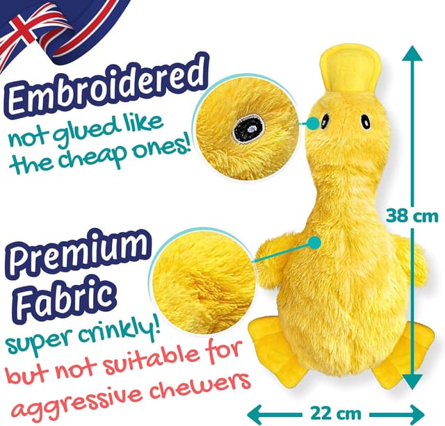 Detalle de Minimal Stuffing Ozzy the Duck squeaky & crinkle plush dog toy (gift box, yellow)