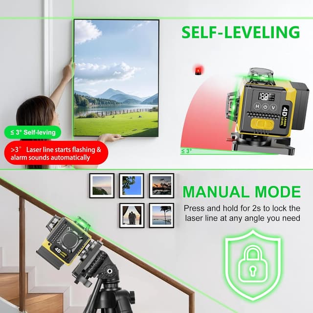 Detalle de Niveau Laser 4D Vert 16 Lignes (4×360°) – Autonivelant avec affichage LED & télécommande