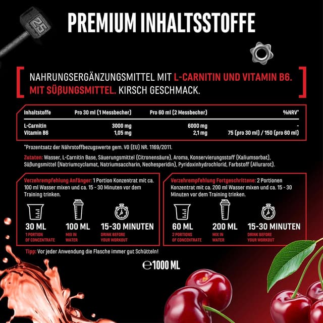 Detalle 2 de L-Carnitine 6000 Liquid (Cherry Madness) – 1.000 ml Extra hochdosiert mit 6.000 mg L-Carnitin pro Tagesportion
