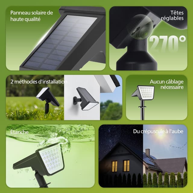 Detalle de Philips lot de 4 projecteurs spots solaires extérieurs étanches avec 28 LED 7500K et fonction crépuscule à l’aube