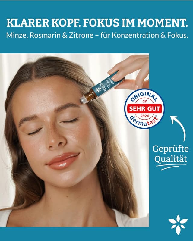 Detalle 2 de Heldengrün® BIO Roll-On „Frischemoment“ – Konzentration & Fokus mit Bio-Pfefferminze, Eukalyptus, Rosmarin und Zitrone