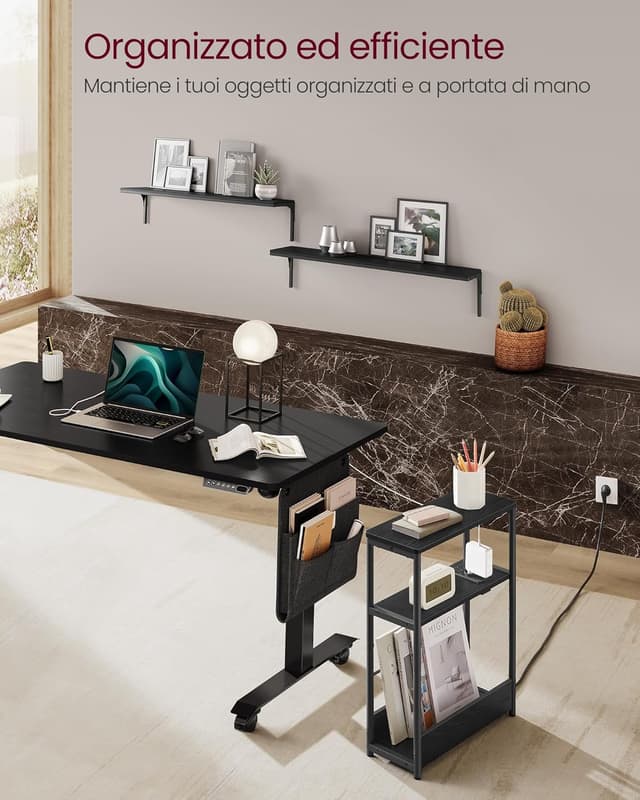 Thumbnail 6 de VASAGLE LET335B02 tavolino stretto con multipresa integrata a 3 ripiani e portariviste