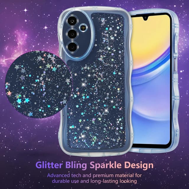 Detalle 2 de ZTOFERA Clear Curly Wave TPU Case for Samsung Galaxy A14 4G/5G (6.6-inch) – Blue Sparkle Star Glitter