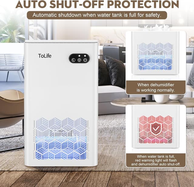 Detalle de ToLife Home Dehumidifier (1000 sq.ft) with 95 OZ Tank, Auto Shut Off, 7-Color LED Light