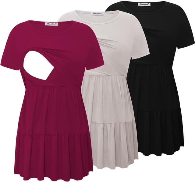 Detalle de Bearsland Women’s Nursing Top 3er-Set mit kurzen Ärmeln und Schlupf-Ausschnitt (Stillshirt)