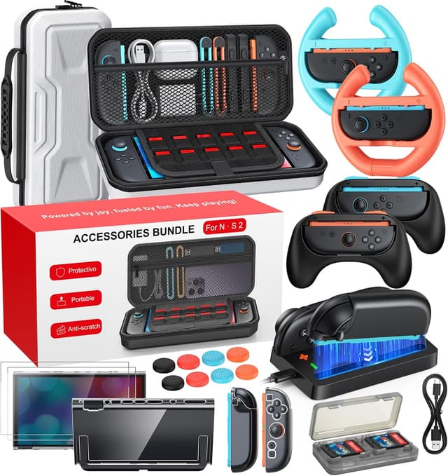 Detalle de Pack 20 en 1 pour Nintendo Switch 2 : étui, station de recharge manettes, protections d’écran, Joy-Con et volants