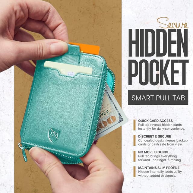 Detalle 2 de ALLEN & MATE 100% Leather Slim Wallet with RFID Blocking and Zipper (Lagoon) – Holds up to 8 Cards