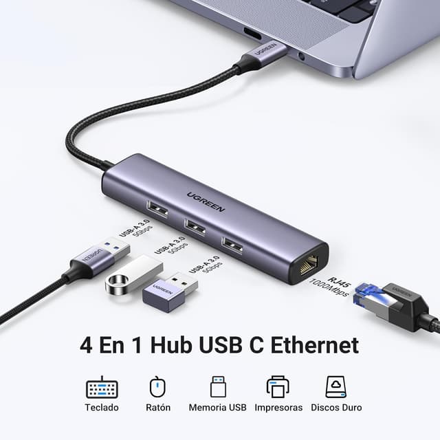 Detalle 2 de UGREEN Hub USB C a Ethernet 4 en 1 🌐 1000 Mbps