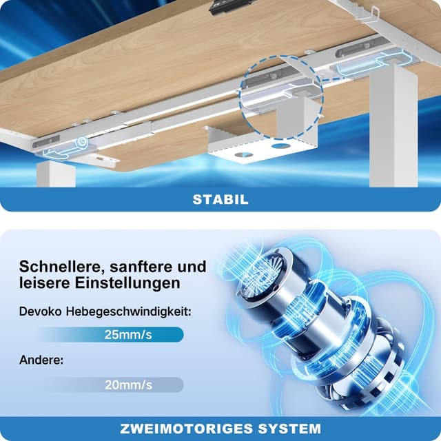 Thumbnail 2 de Devoko höhenverstellbarer Schreibtisch mit 2 Motoren, 160x80 cm Tischplatte (Eiche, 25 mm) – elektrisch, mobil mit Kabelmanagement