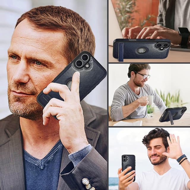 Detalle de KSELF Leather Case for iPhone 16 (6.1-inch) with Built-In Invisible Kickstand — Blue, Slim Shockproof Cover