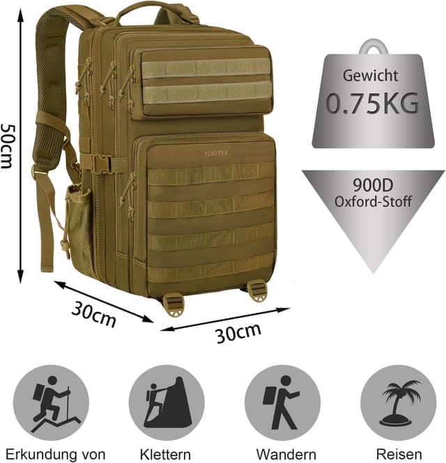 Detalle de YOREPEK Tactical Rucksack 40 L Khaki