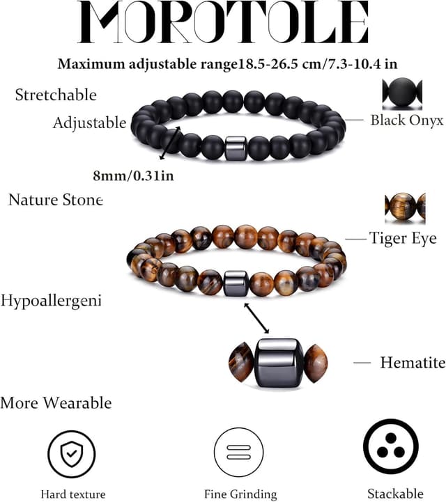 Detalle de MOROTOLE Herren-Armband-Set mit 8-mm Tigerauge, Lavastein und Obsidian – Stretcharmbänder aus Naturstein