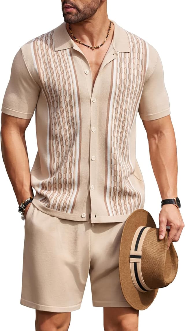 Detalle de COOFANDY Men’s 2-Piece Vintage Knit Polo & Beach Shorts Set (Short Sleeve Button-Down)