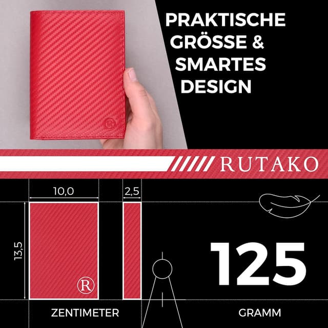 Detalle de RUTAKO Herren-Leder-Geldbörse mit RFID-Schutz, Querformat mit Münzfach und 12 Fächern (Carbon-Rot)